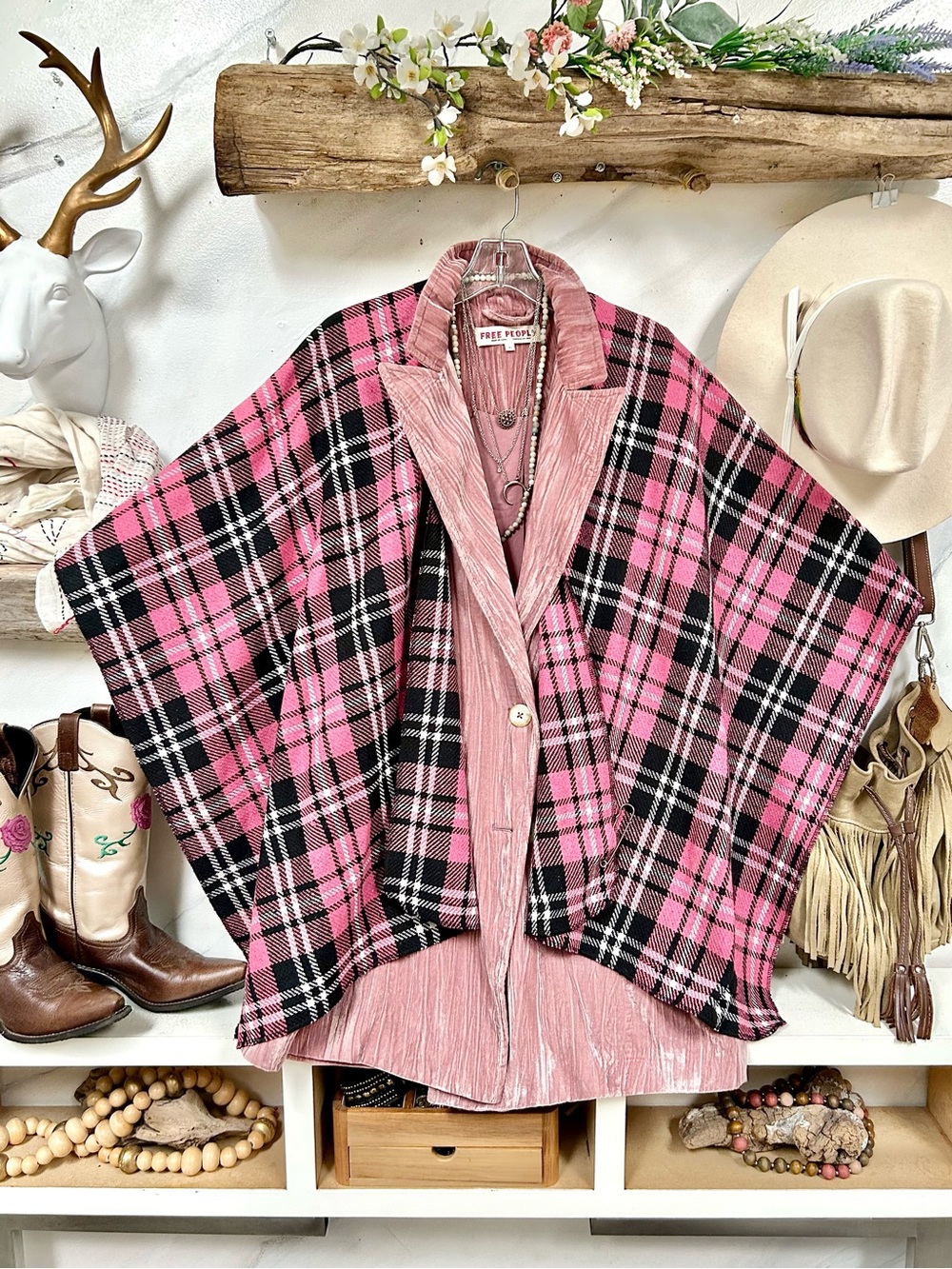 Wool pink plaid boho cape w equestrian country prairie farmhouse vibe